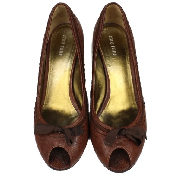 Miu Miu leather wood peeptoe wedges 36.5 - Picture 6 of 6